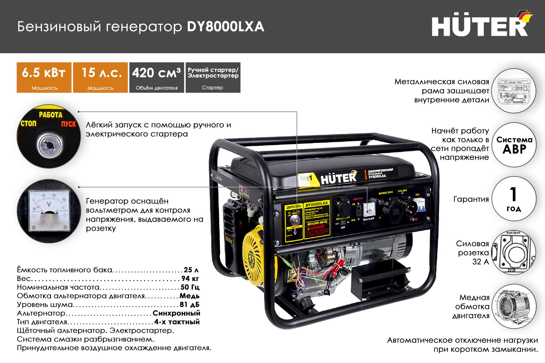 Бензиновый генератор HUTER DY8000LXA с АВР 64/1/30
