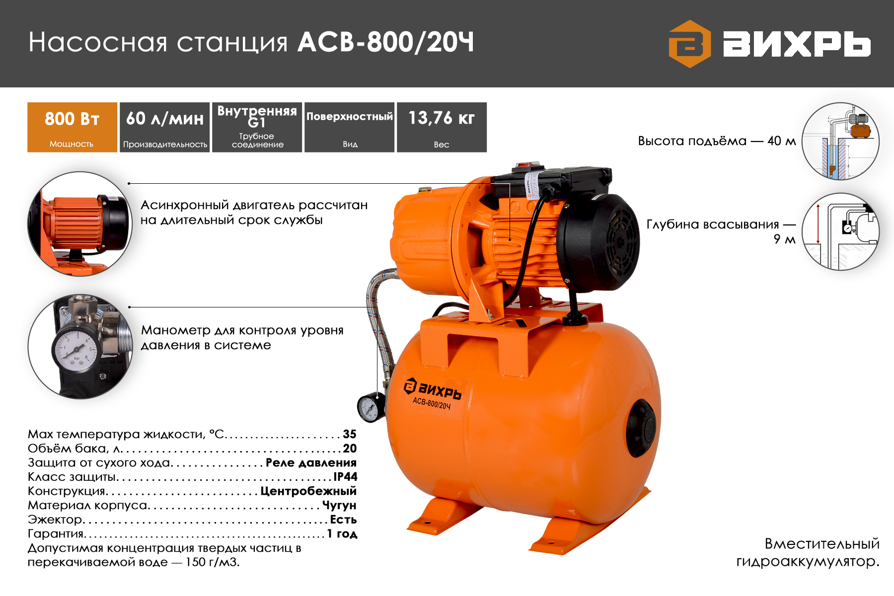 Насосная станция ВИХРЬ АСВ-800/20Ч 68/1/13