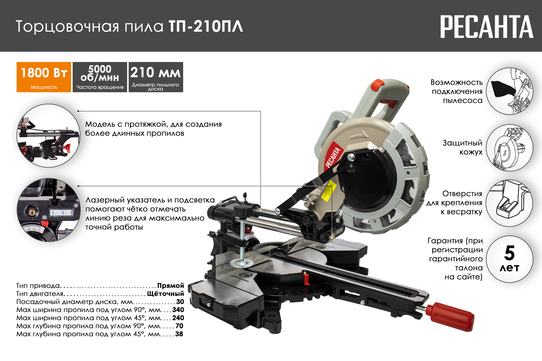 Торцовочная пила Ресанта ТП-210ПЛ